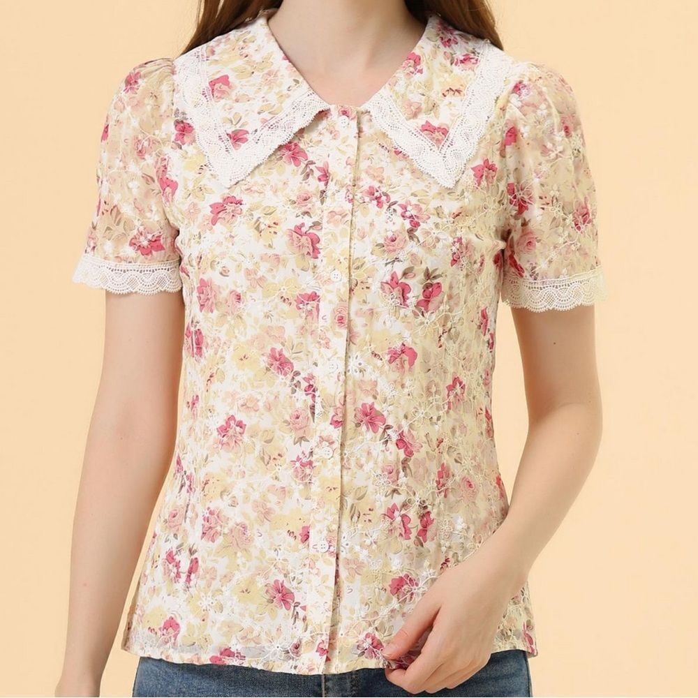 Allegra K Cream and White Fitted Blouse with Peter Pan Collar